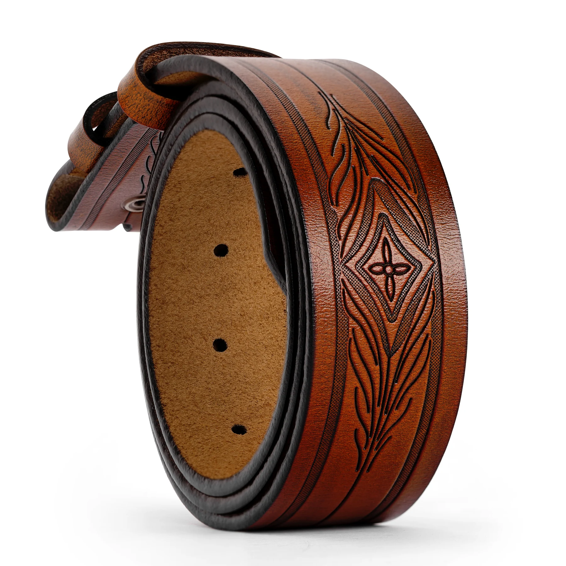 Men's Leather Belt Without Buckle Western Mens Cowboy Belts For Jeans Two Layer Embossed Cowhide No Buckle Strap