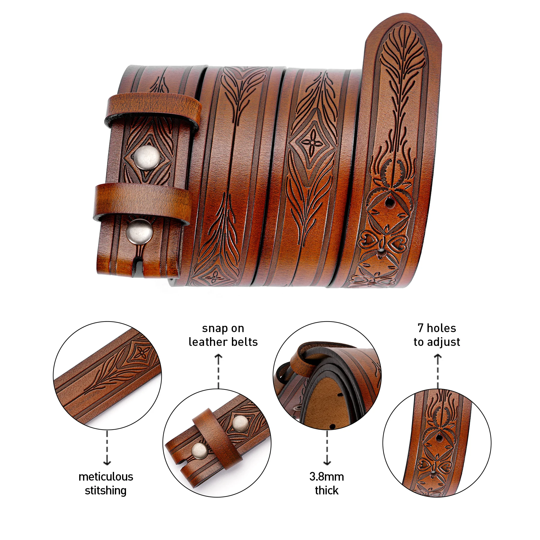 Men's Leather Belt Without Buckle Western Mens Cowboy Belts For Jeans Two Layer Embossed Cowhide No Buckle Strap