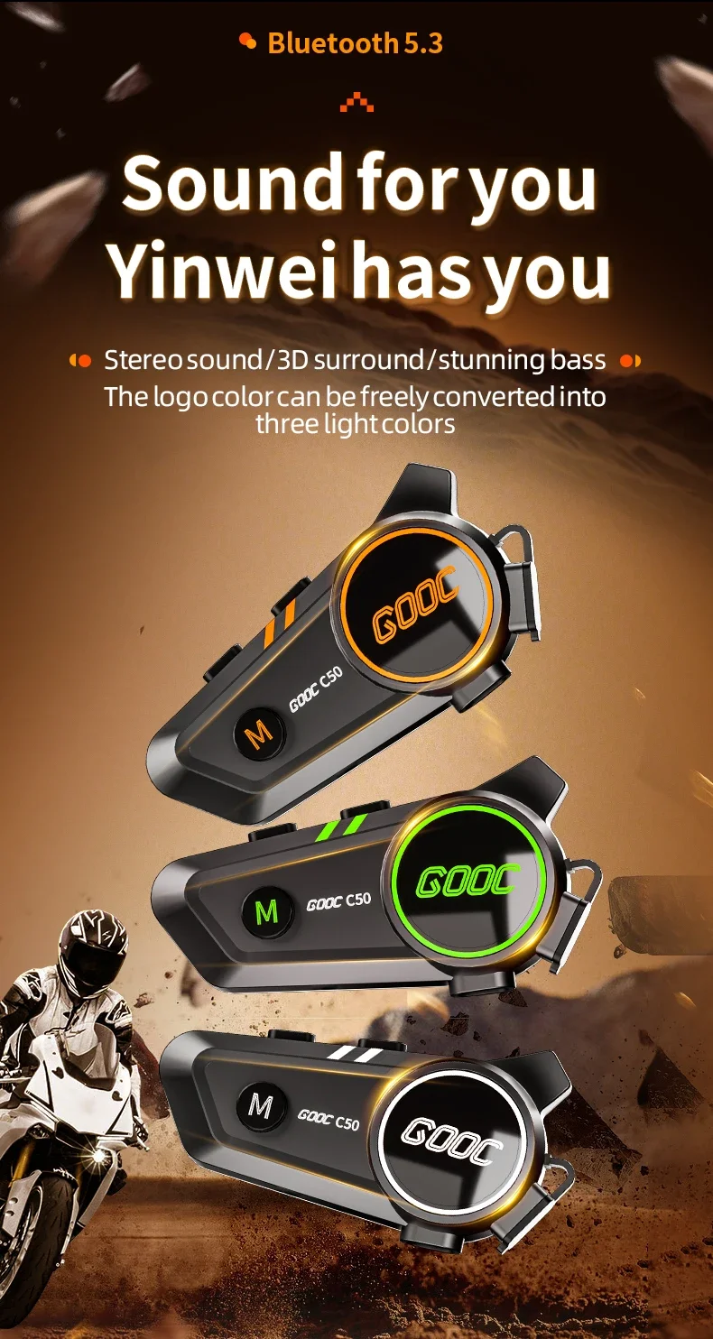 C50 Motorcycle Bluetooth Helmet Headset V5.3 Tri-Colorful Lights Earphone IPX6 Waterproof Support Connecting 2 Phones Same Time