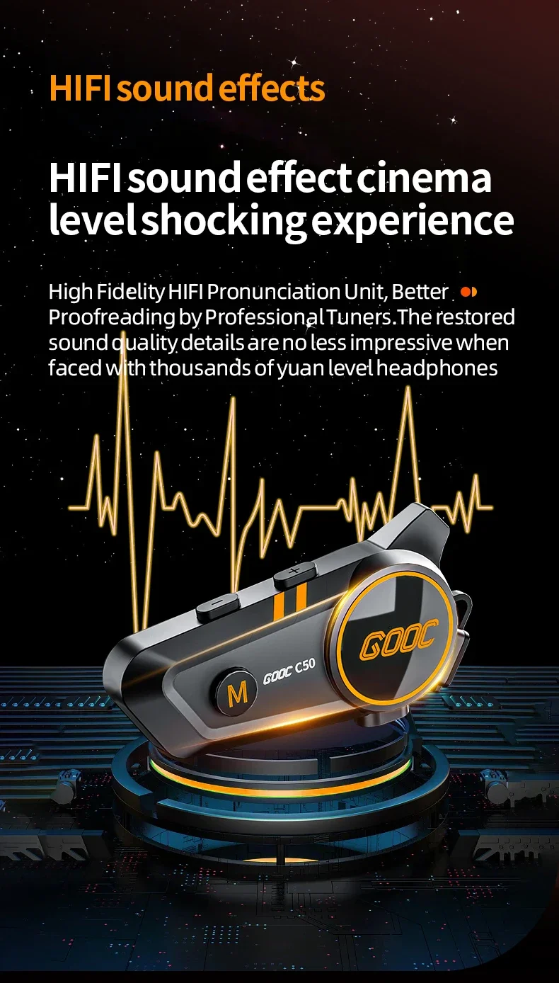 C50 Motorcycle Bluetooth Helmet Headset V5.3 Tri-Colorful Lights Earphone IPX6 Waterproof Support Connecting 2 Phones Same Time