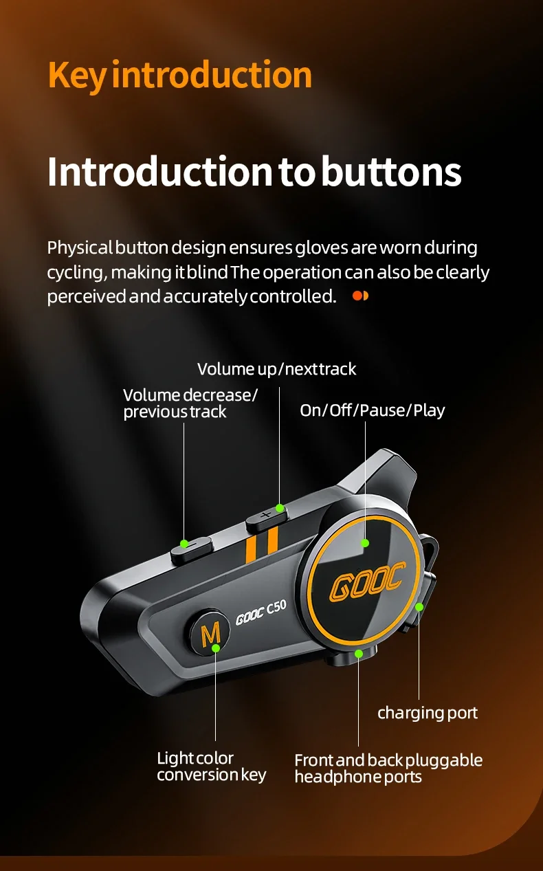 C50 Motorcycle Bluetooth Helmet Headset V5.3 Tri-Colorful Lights Earphone IPX6 Waterproof Support Connecting 2 Phones Same Time