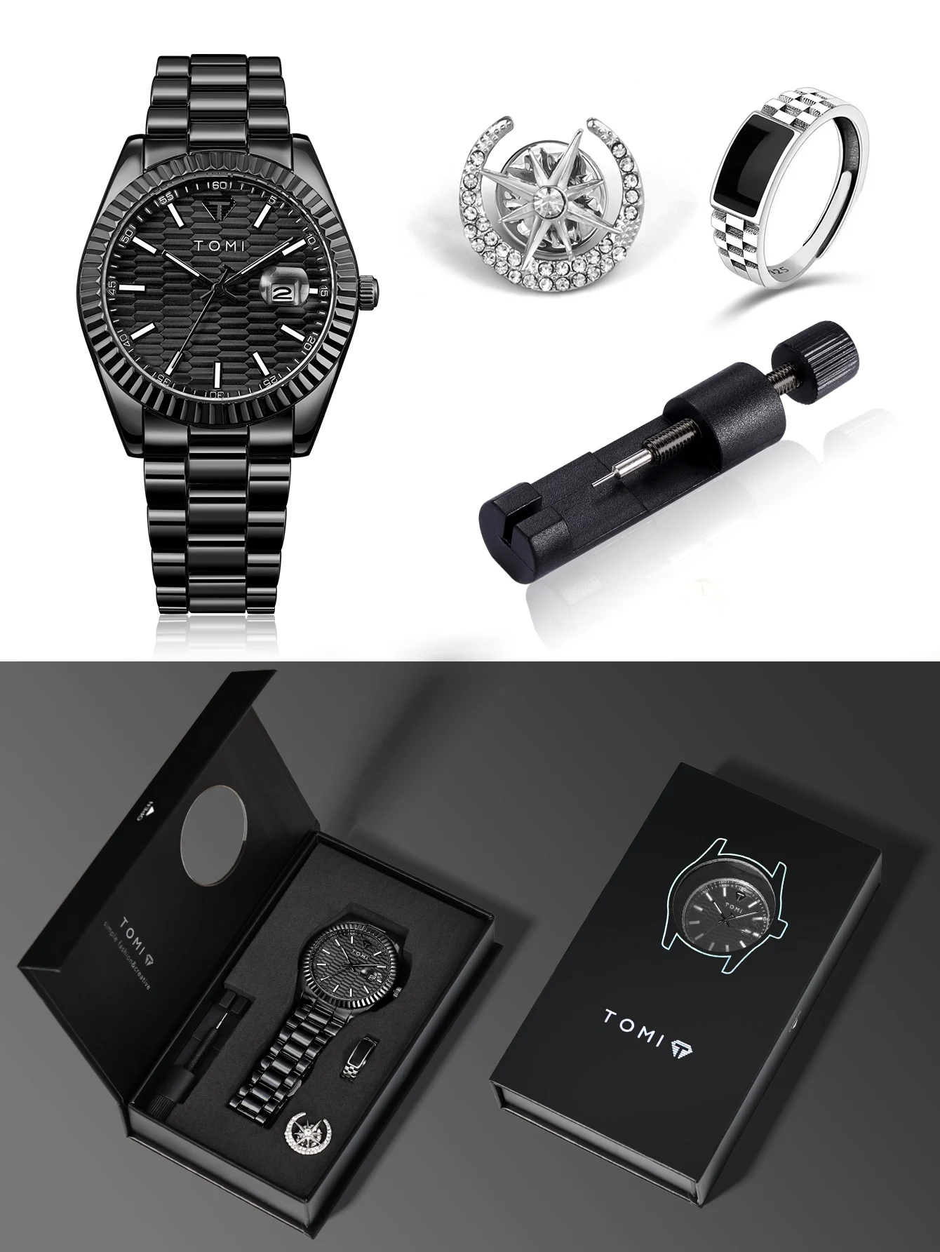TOMI New Men's Watch Brooch Ring Gift Box Set Luxury Business Stainless Steel Strap Men's Calendar Casual Quartz Watch Reloj
