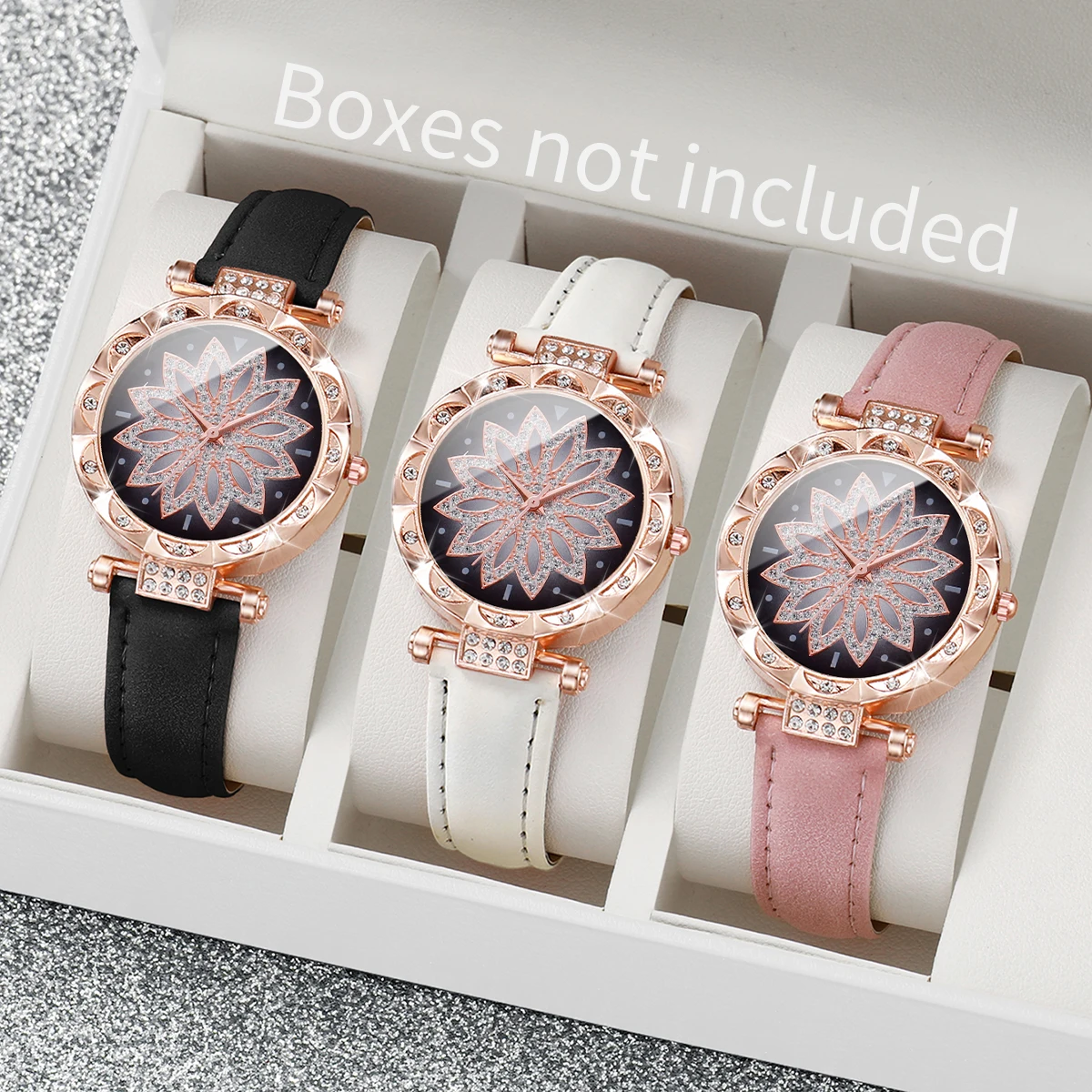 3PCS Women Watches Fashion Rhinestone Heart Dial Quartz Watch Female Leather Band Wristwatches Set(Without Box)