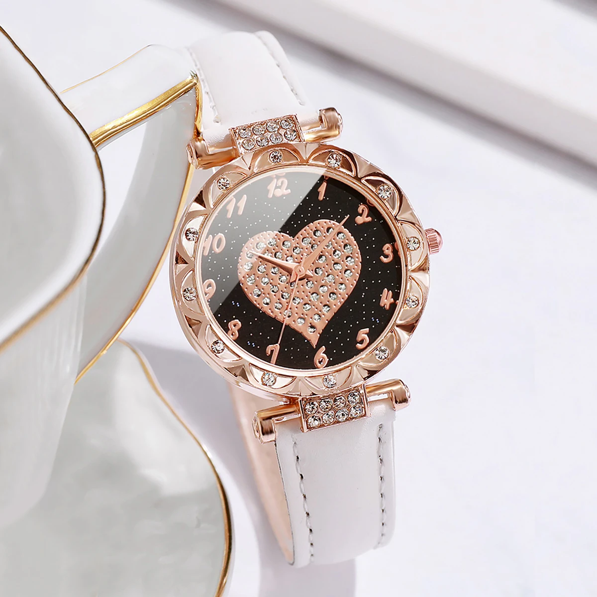 3PCS Women Watches Fashion Rhinestone Heart Dial Quartz Watch Female Leather Band Wristwatches Set(Without Box)