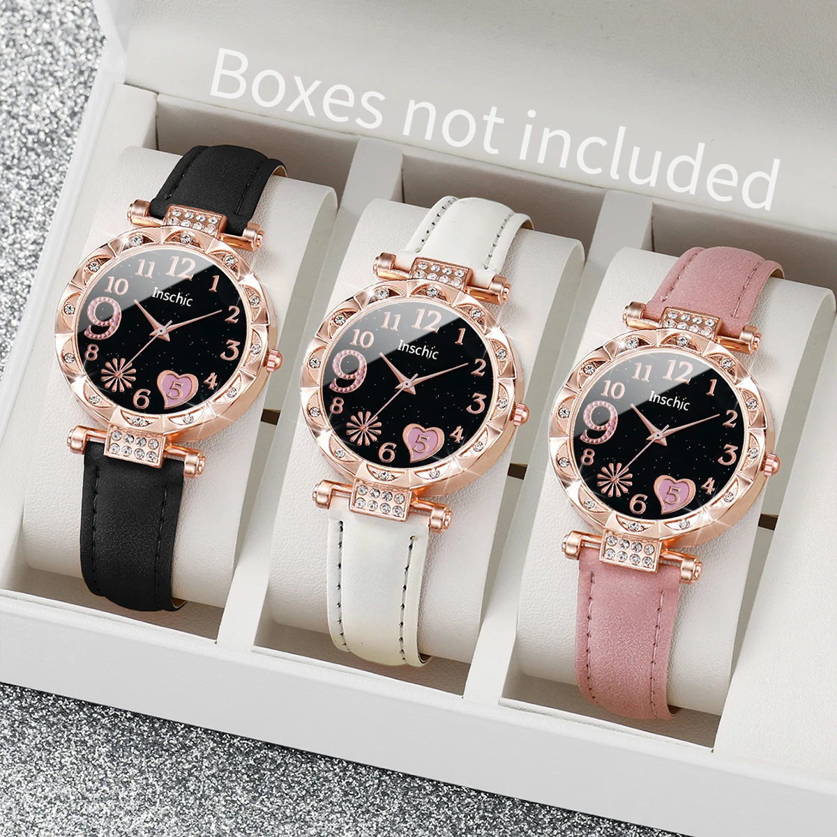 3PCS Women Watches Fashion Rhinestone Heart Dial Quartz Watch Female Leather Band Wristwatches Set(Without Box)