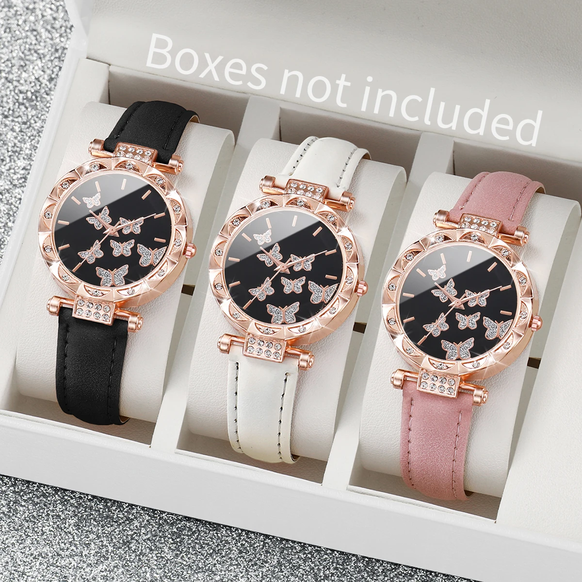 3PCS Women Watches Fashion Rhinestone Heart Dial Quartz Watch Female Leather Band Wristwatches Set(Without Box)