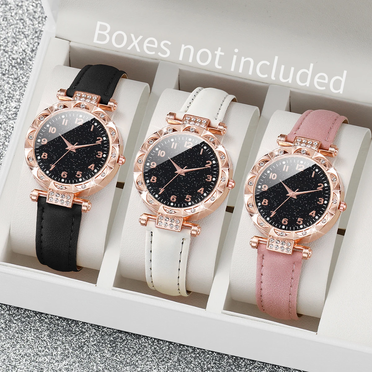 3PCS Women Watches Fashion Rhinestone Heart Dial Quartz Watch Female Leather Band Wristwatches Set(Without Box)