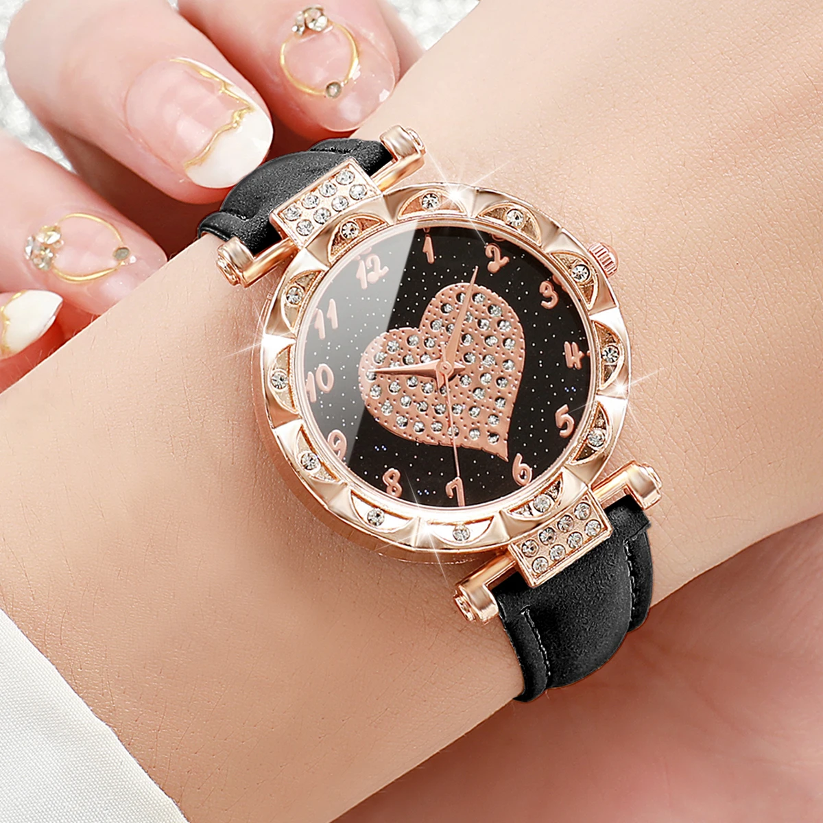 3PCS Women Watches Fashion Rhinestone Heart Dial Quartz Watch Female Leather Band Wristwatches Set(Without Box)