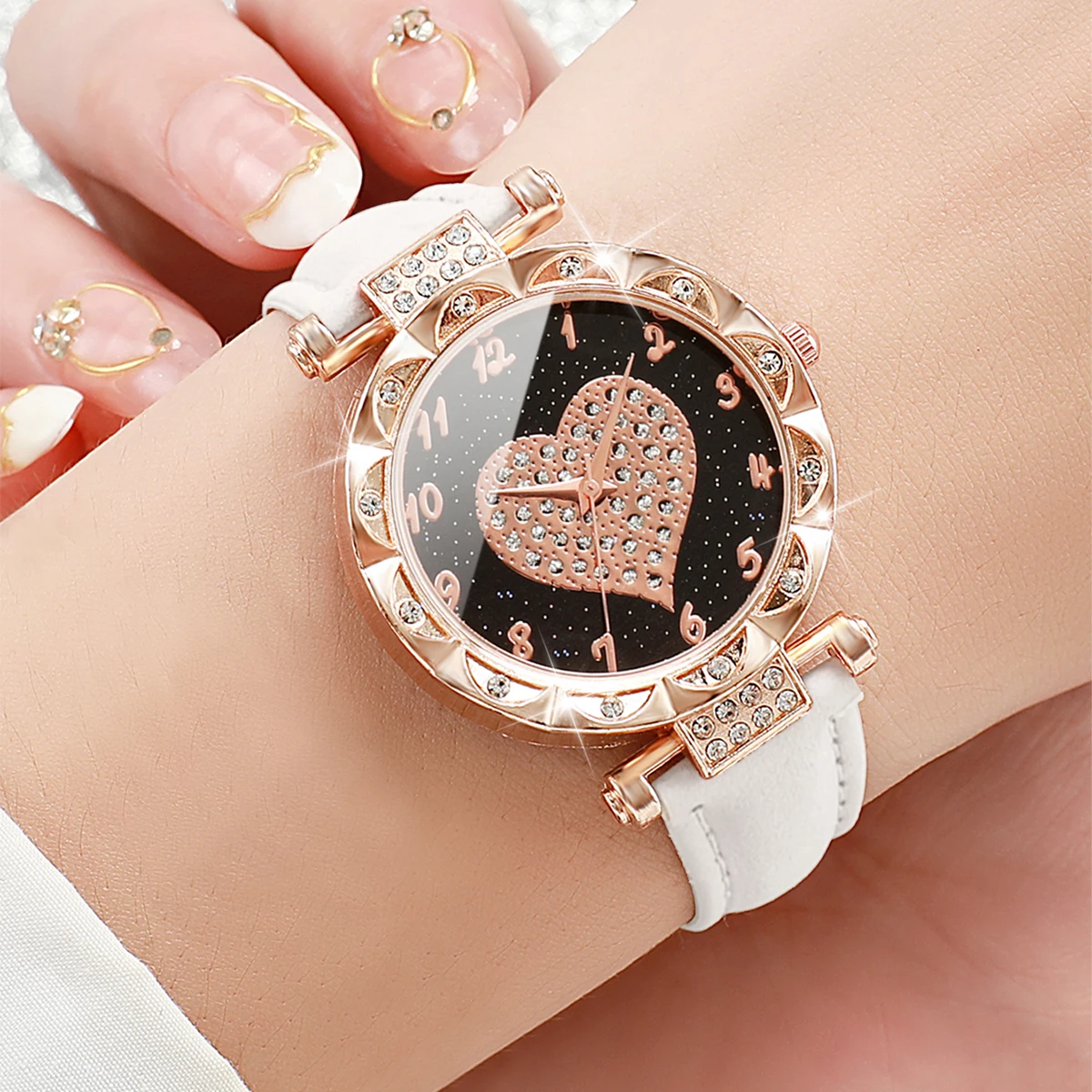 3PCS Women Watches Fashion Rhinestone Heart Dial Quartz Watch Female Leather Band Wristwatches Set(Without Box)