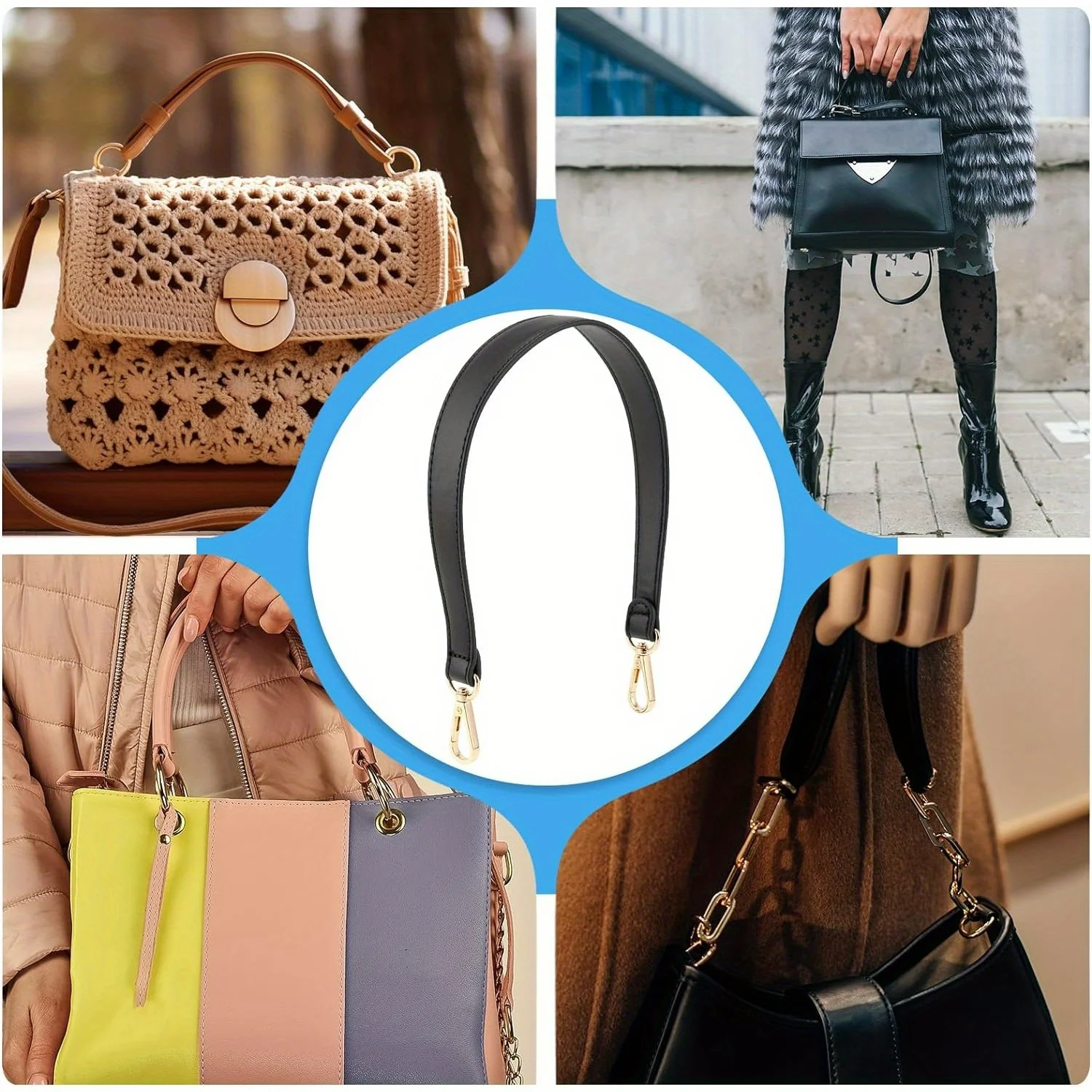 Shoulder Bag Strap Black Leather Purse Strap Leather Purse Handle 19 Inch Shoulder Bag Straps Replacement with Swivel Clasps