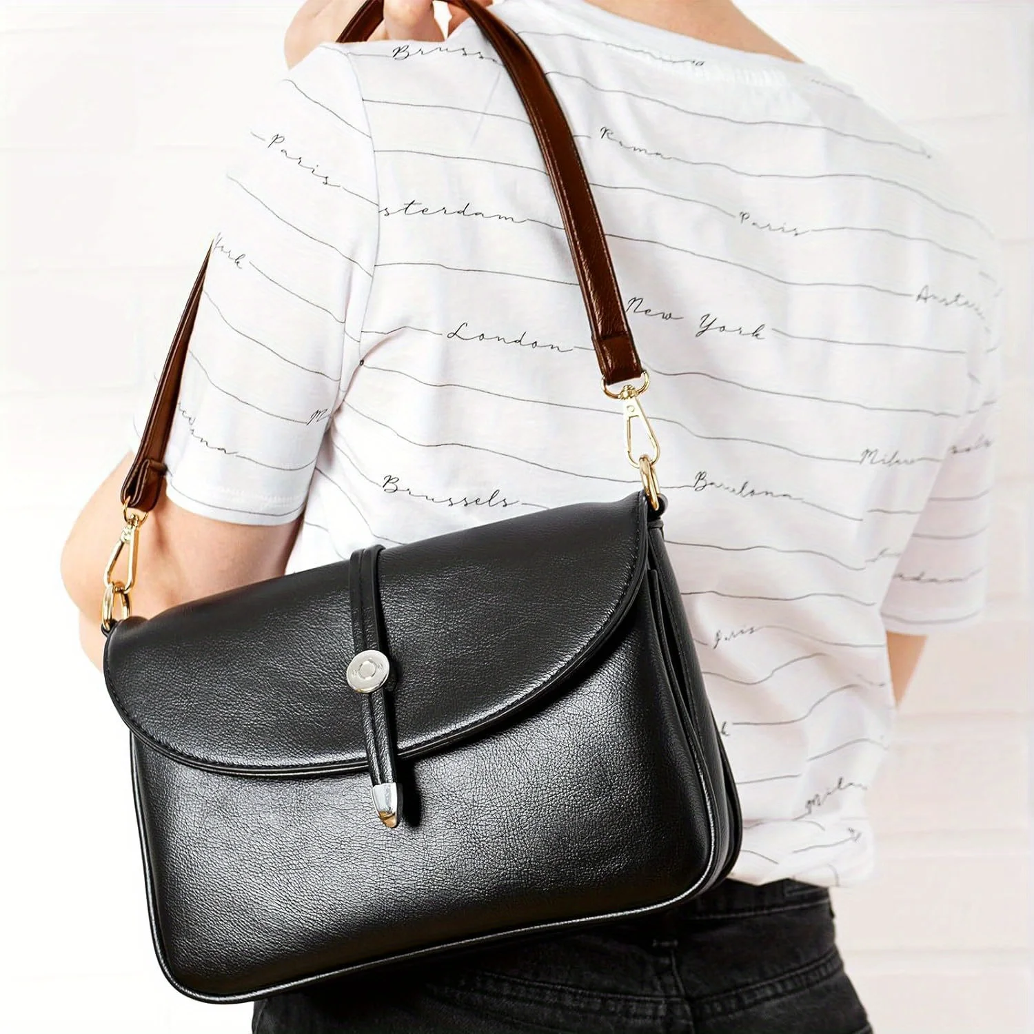 Shoulder Bag Strap Black Leather Purse Strap Leather Purse Handle 19 Inch Shoulder Bag Straps Replacement with Swivel Clasps