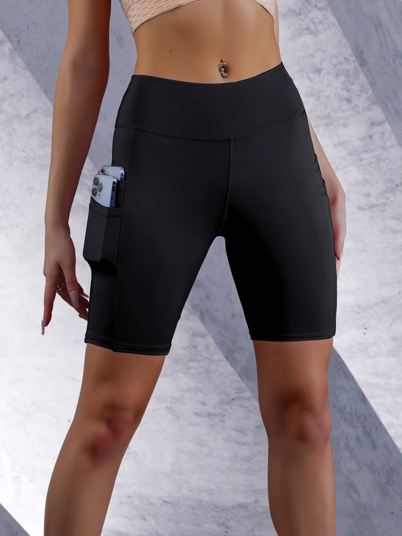 Side Pockets Solid Color Women Yoga Shorts Jogging Running Fitness Sportswear High-waist Sporty Shorts Skinny Shorts
