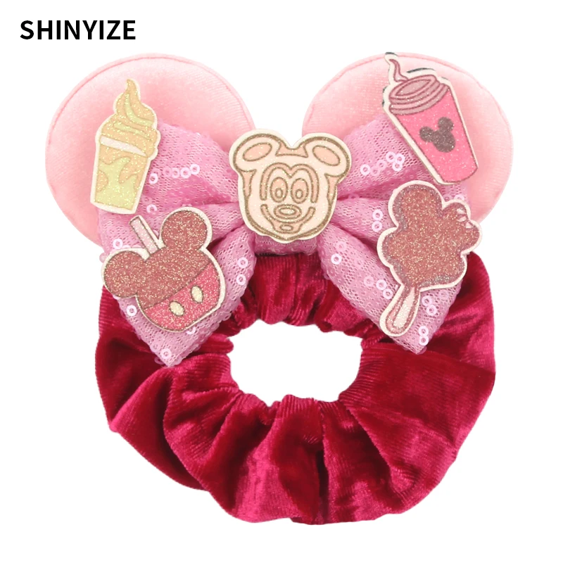 1pc New Chic Mickey Mouse Ears Hair Scrunchies Sequins 4" Bows Elastic Headband Women Velvet Girls DIY Hair Accessories Gift