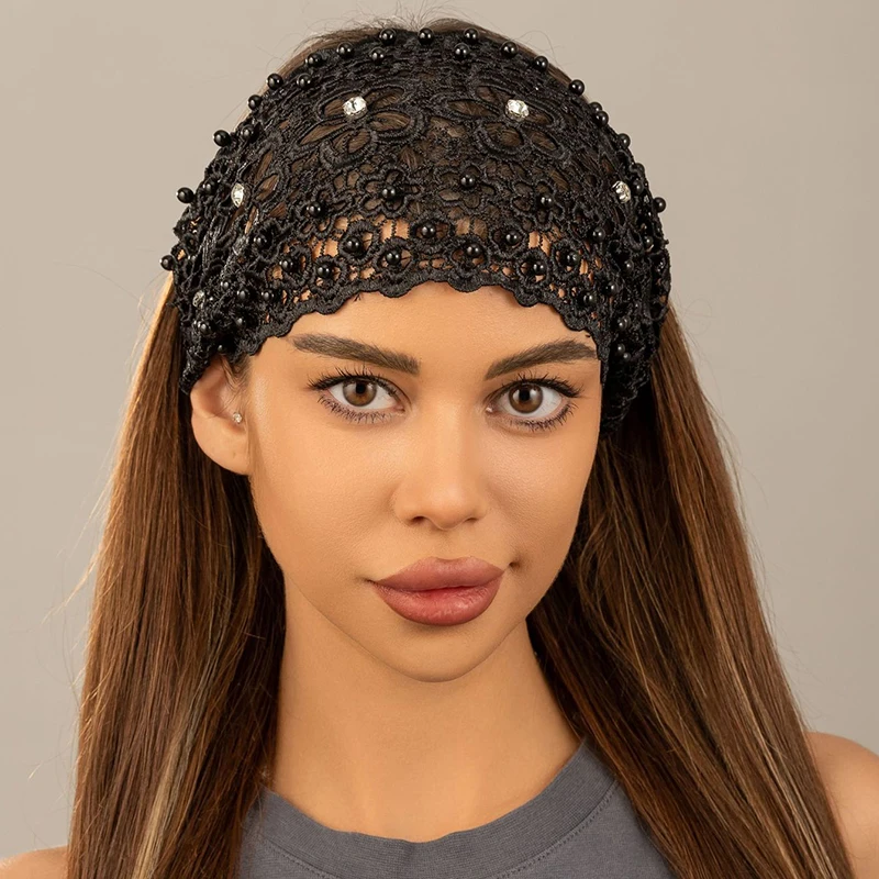 4 Color Ladies Khaki-Colored Faux Pearl Hollow Flowers Decor Bohemian Style Headband Suitable For Casual Cute Vintage Hairbands