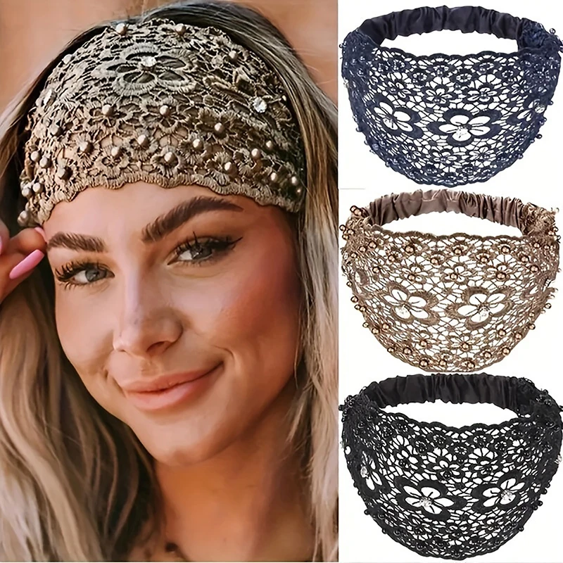 4 Color Ladies Khaki-Colored Faux Pearl Hollow Flowers Decor Bohemian Style Headband Suitable For Casual Cute Vintage Hairbands