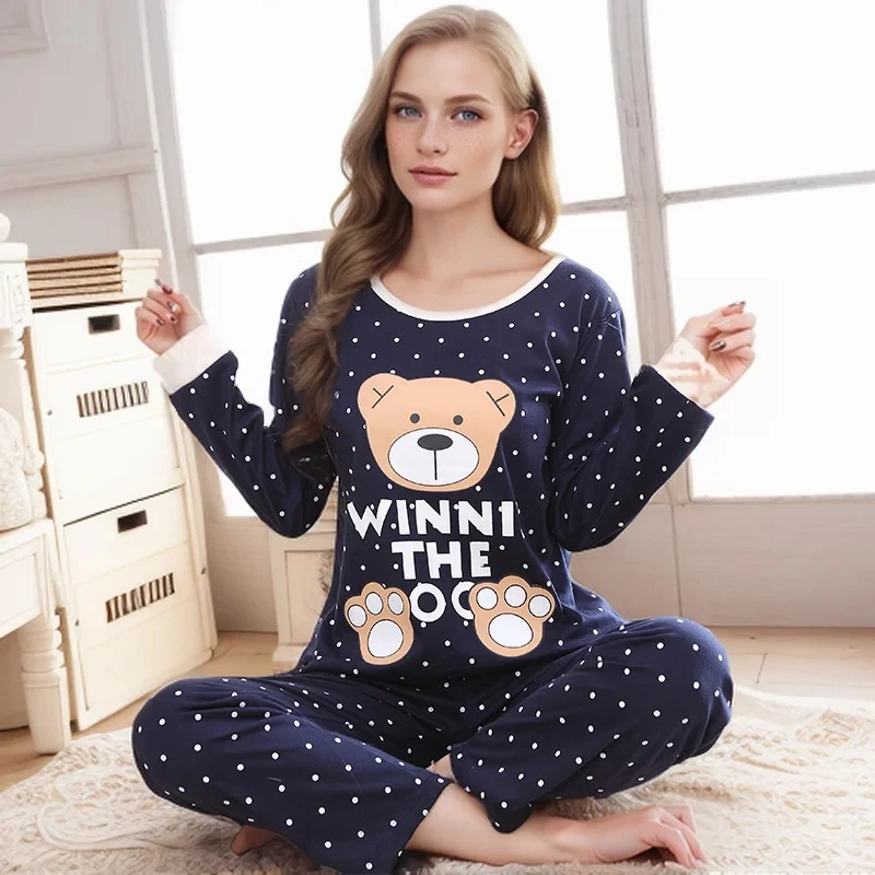 2PCS/Set Women Fashion Long-Sleeved Pajamas Autumn Winter Cartoon Love Bear Cute Soft Loose Casual Omfortable Outside Homewear