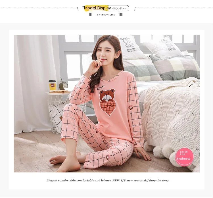 2PCS/Set Women Fashion Long-Sleeved Pajamas Autumn Winter Cartoon Love Bear Cute Soft Loose Casual Omfortable Outside Homewear