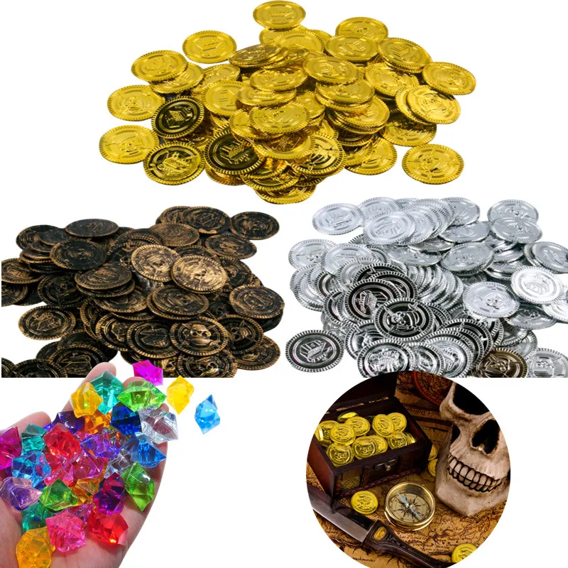 30pcs Pirate Gold Coins, Silver Coins Copper Coins Gemstones Children's Gifts Halloween Props Plastic Fake Gold Acrylic Toys