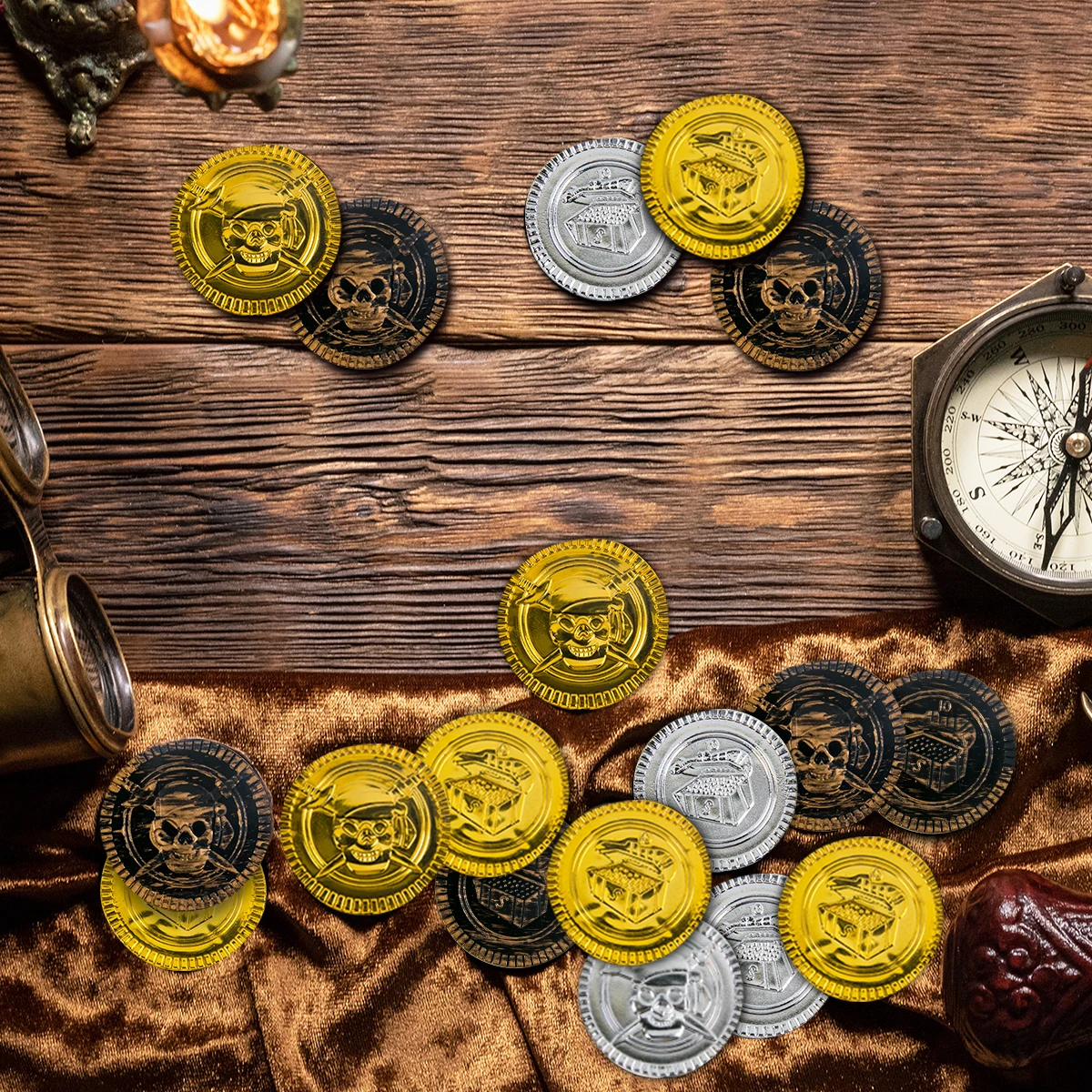 30pcs Pirate Gold Coins, Silver Coins Copper Coins Gemstones Children's Gifts Halloween Props Plastic Fake Gold Acrylic Toys