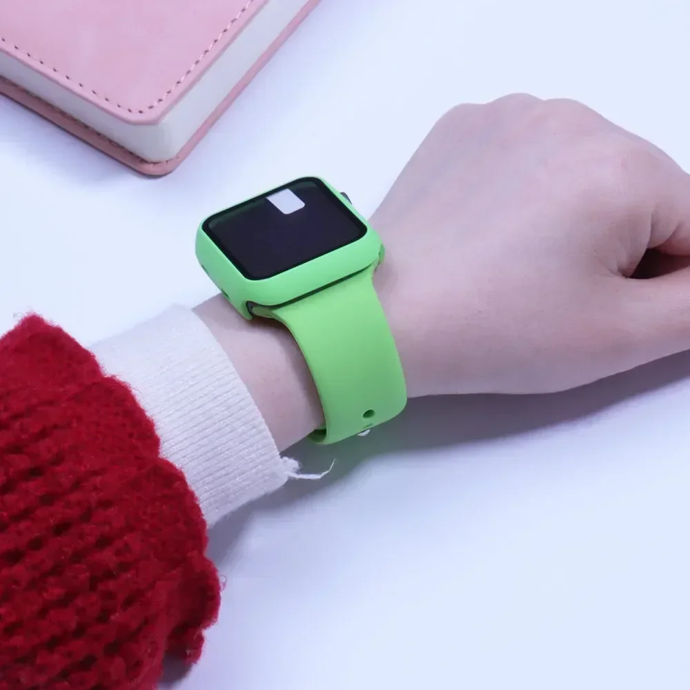 Sport band+Glass+Case For Apple Watch bands 44mm 40mm 45mm 41mm 38mm 42mm Silicone bracelet iWatch series 8 9 7 6 5 4 3 SE strap