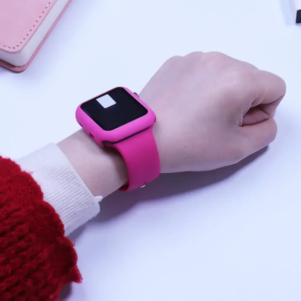 Sport band+Glass+Case For Apple Watch bands 44mm 40mm 45mm 41mm 38mm 42mm Silicone bracelet iWatch series 8 9 7 6 5 4 3 SE strap