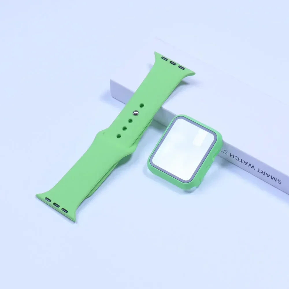Sport band+Glass+Case For Apple Watch bands 44mm 40mm 45mm 41mm 38mm 42mm Silicone bracelet iWatch series 8 9 7 6 5 4 3 SE strap