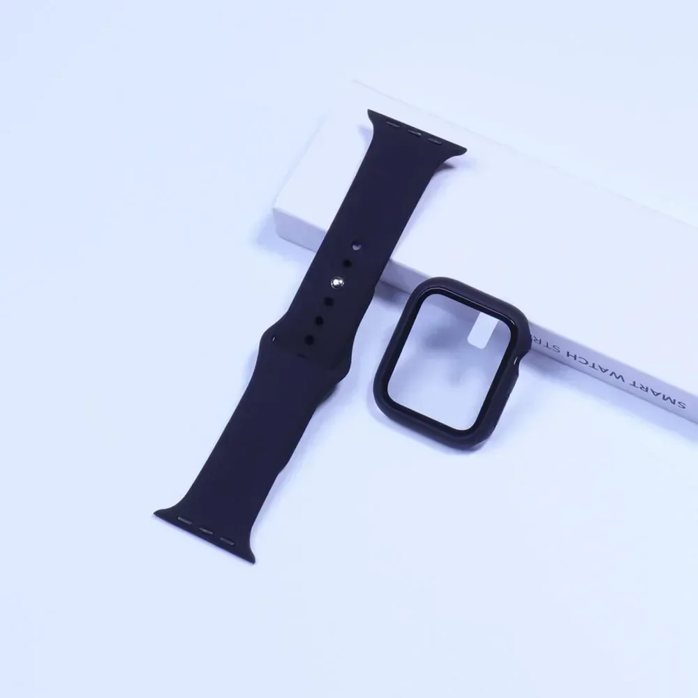 Sport band+Glass+Case For Apple Watch bands 44mm 40mm 45mm 41mm 38mm 42mm Silicone bracelet iWatch series 8 9 7 6 5 4 3 SE strap