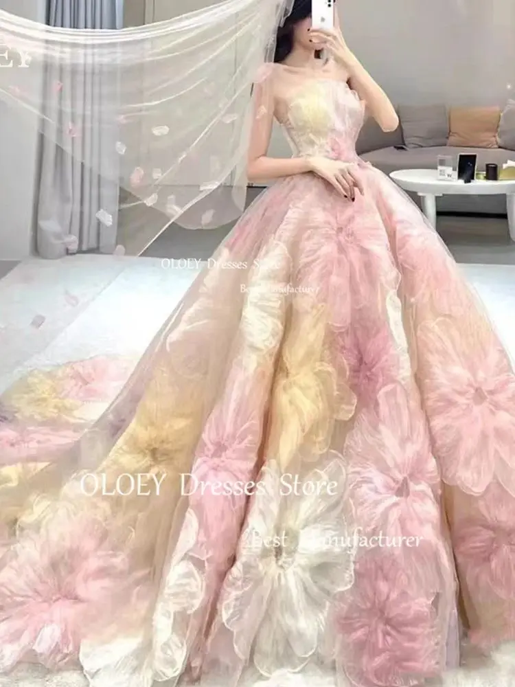 OLOEY Exquisite Floral Prom Dresses Korea Wedding Photoshoot Strapless 3D Flowers Sweep Train Evening Dresses Customized