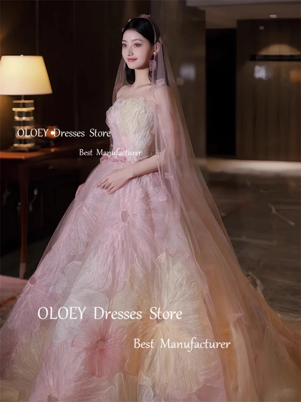 OLOEY Exquisite Floral Prom Dresses Korea Wedding Photoshoot Strapless 3D Flowers Sweep Train Evening Dresses Customized