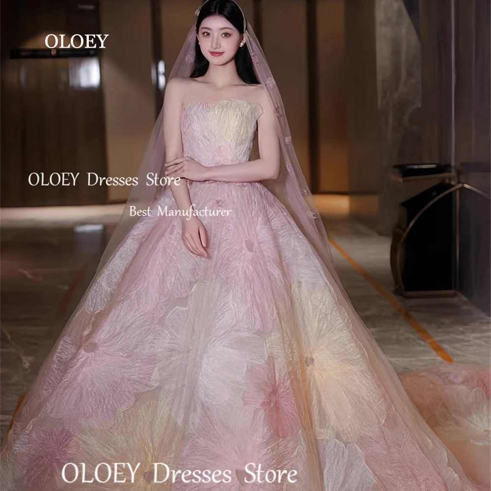OLOEY Exquisite Floral Prom Dresses Korea Wedding Photoshoot Strapless 3D Flowers Sweep Train Evening Dresses Customized