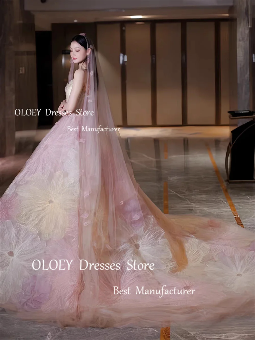 OLOEY Exquisite Floral Prom Dresses Korea Wedding Photoshoot Strapless 3D Flowers Sweep Train Evening Dresses Customized