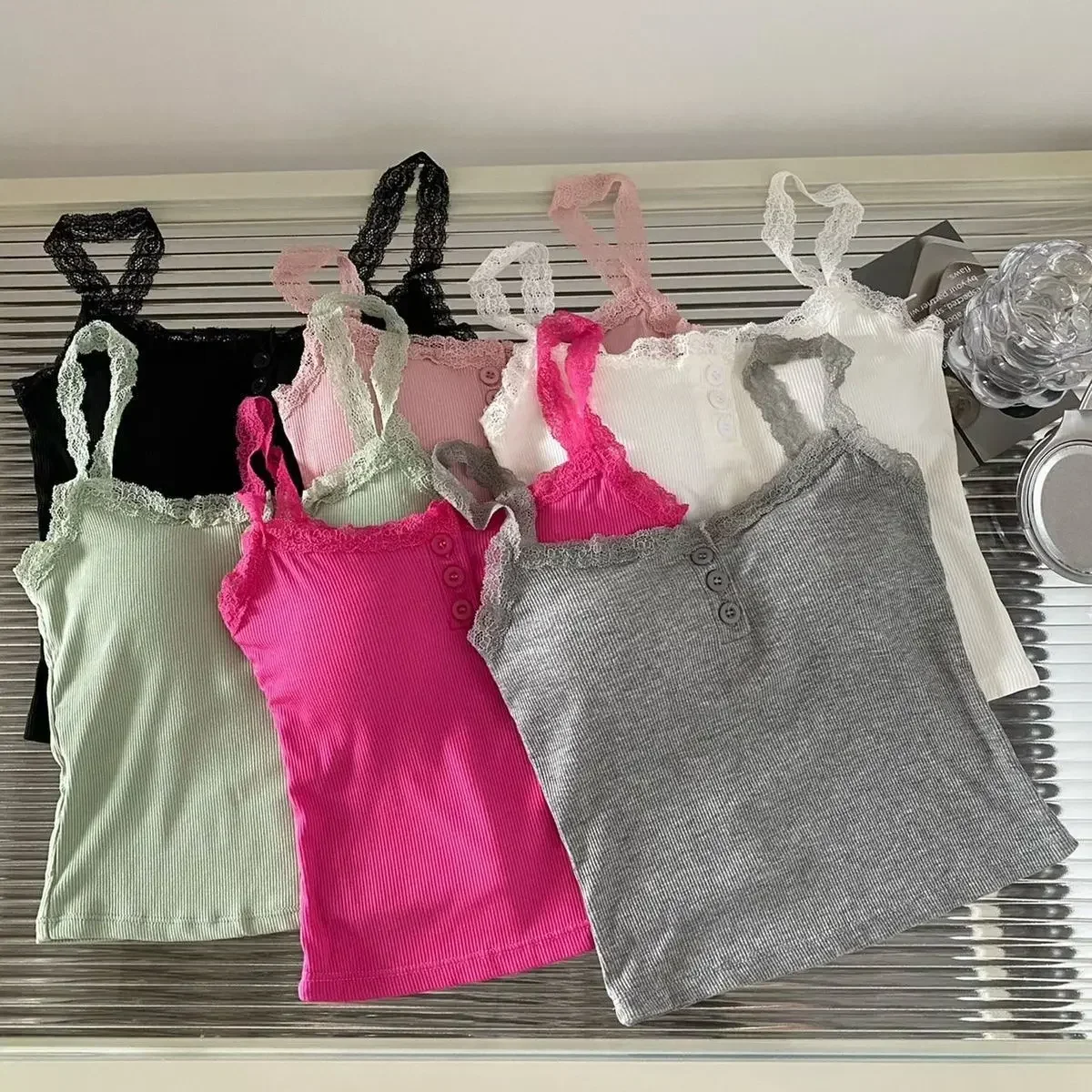 2024 Solid Color Knit Tank Top Vest Women Female Slim Undershirt Sexy Lace Camisole With Chest Pad Crop Tops Sleeveless T Shirt