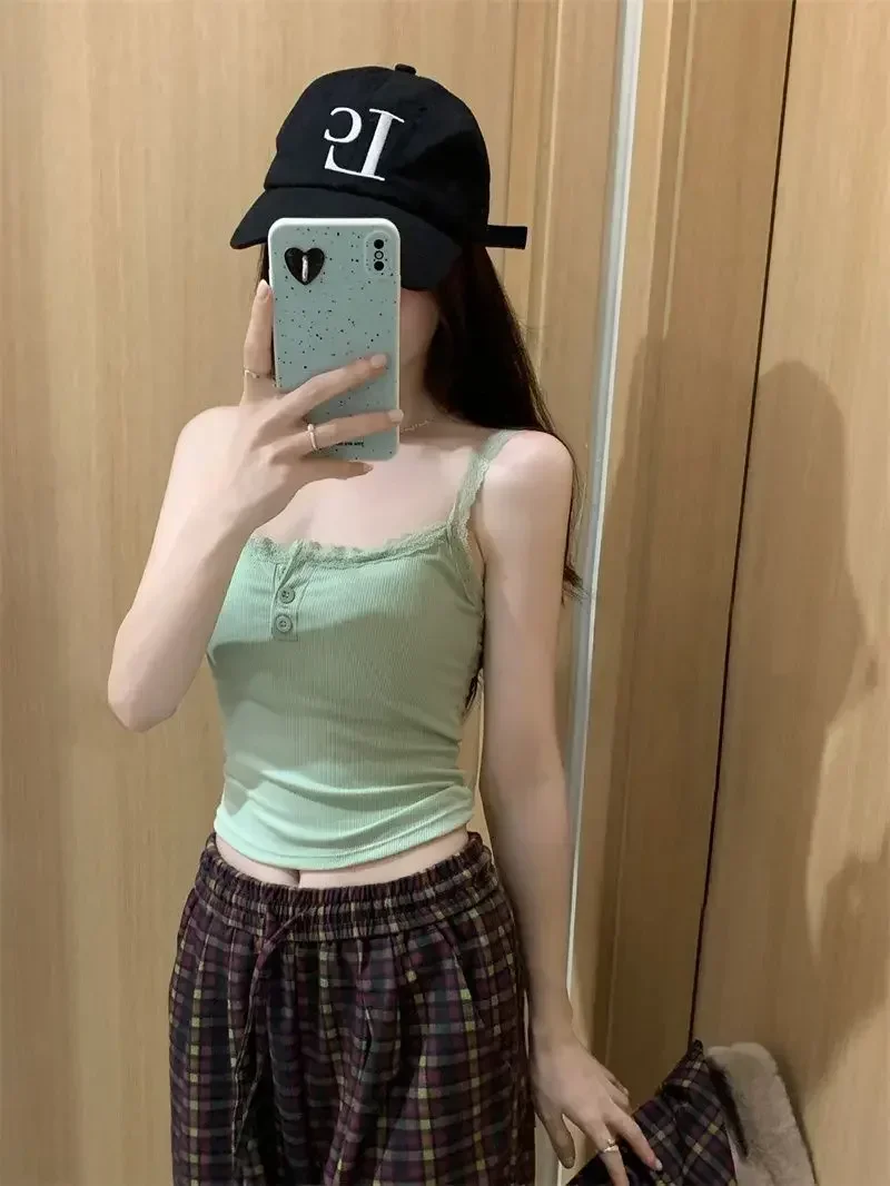 2024 Solid Color Knit Tank Top Vest Women Female Slim Undershirt Sexy Lace Camisole With Chest Pad Crop Tops Sleeveless T Shirt