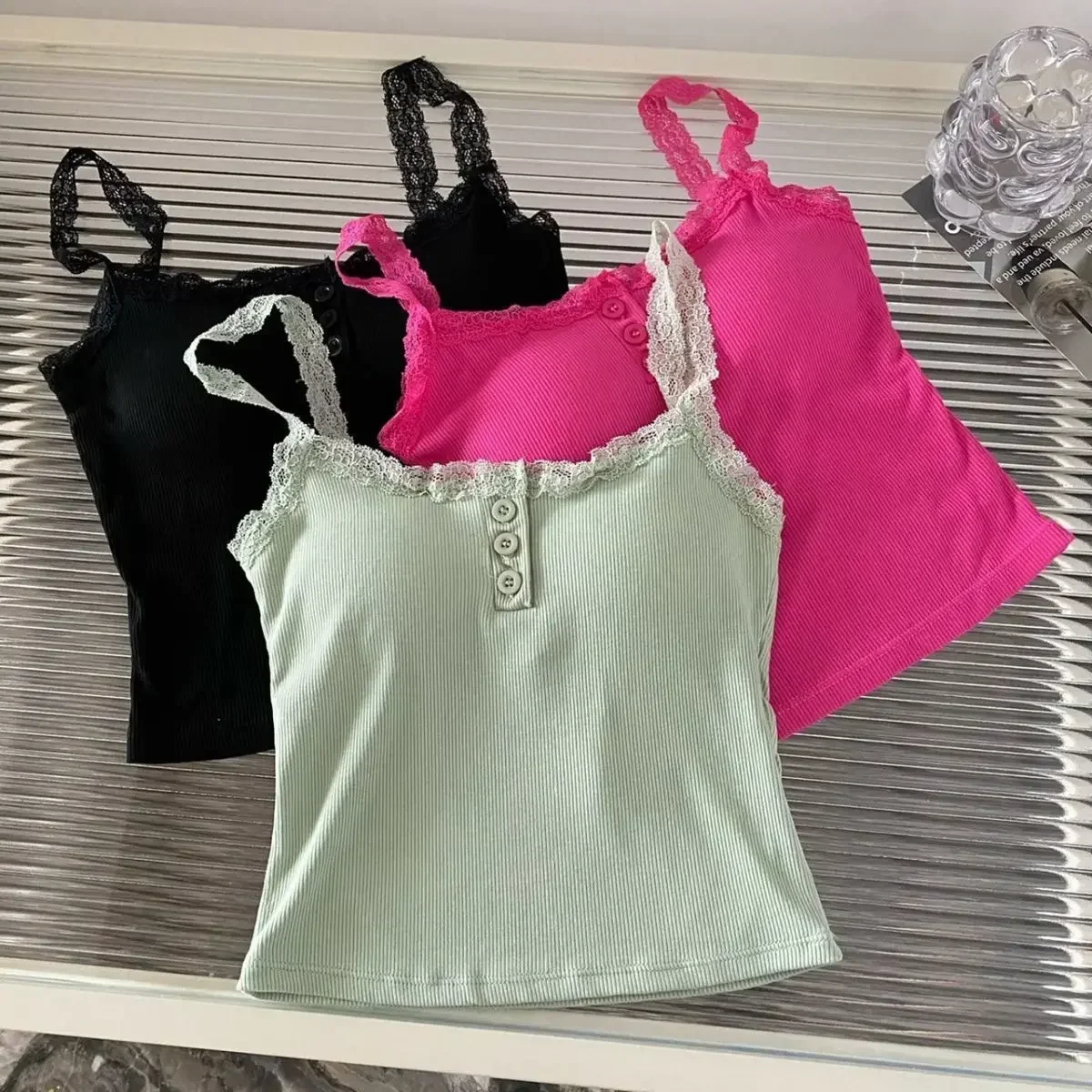 2024 Solid Color Knit Tank Top Vest Women Female Slim Undershirt Sexy Lace Camisole With Chest Pad Crop Tops Sleeveless T Shirt