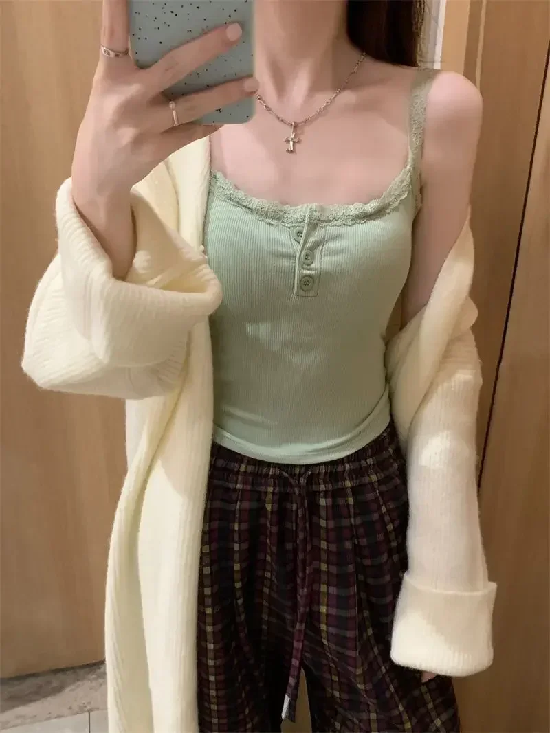 2024 Solid Color Knit Tank Top Vest Women Female Slim Undershirt Sexy Lace Camisole With Chest Pad Crop Tops Sleeveless T Shirt