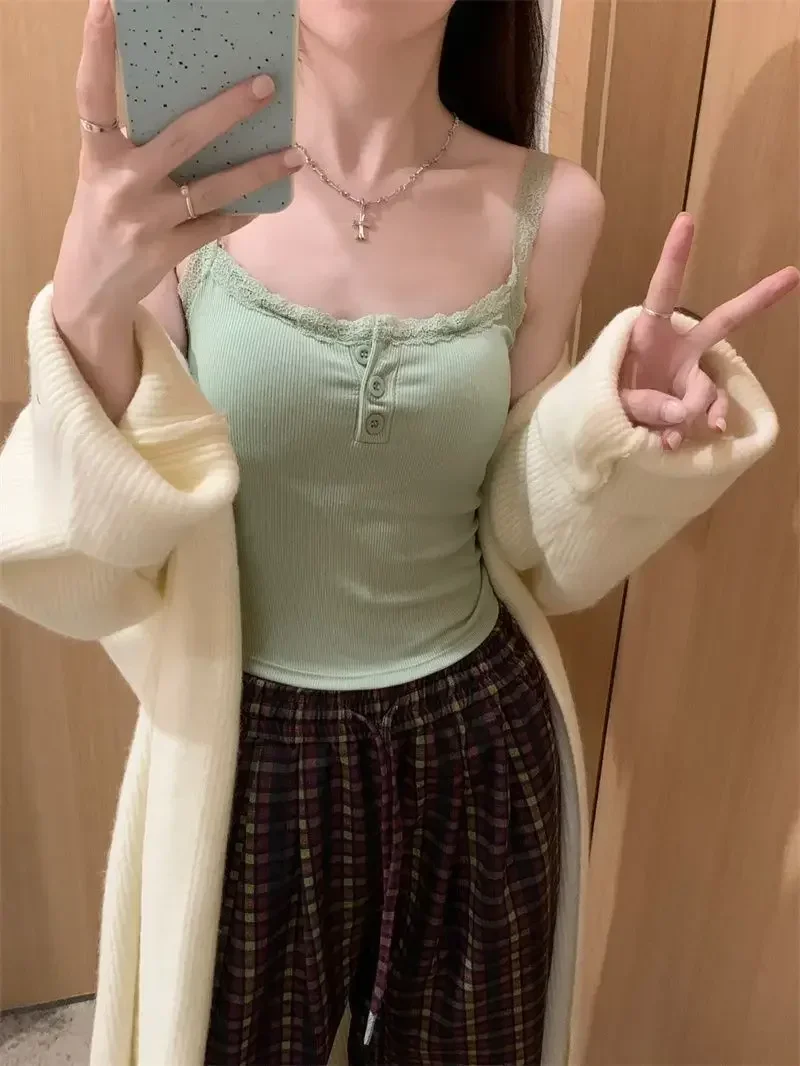 2024 Solid Color Knit Tank Top Vest Women Female Slim Undershirt Sexy Lace Camisole With Chest Pad Crop Tops Sleeveless T Shirt