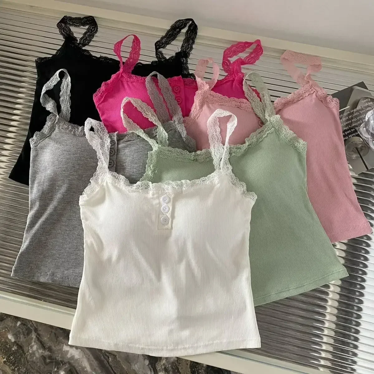 2024 Solid Color Knit Tank Top Vest Women Female Slim Undershirt Sexy Lace Camisole With Chest Pad Crop Tops Sleeveless T Shirt