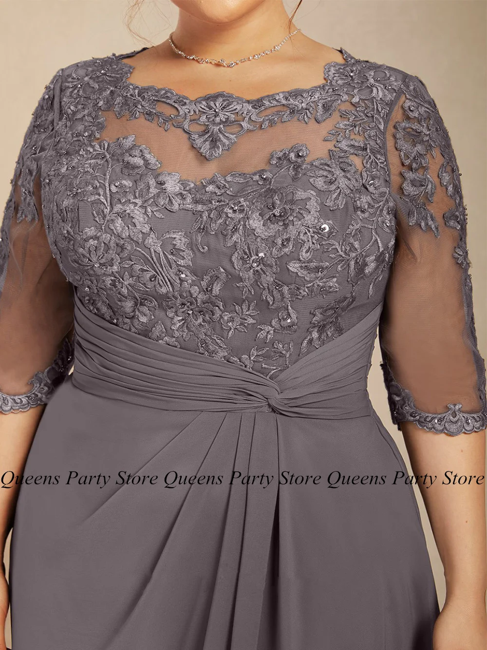 Chiffon Mother of The Bride Dress Half Sleeves Scoop Neck Sequined Applique Pleat A Line Plus Size Wedding Guest Gown New