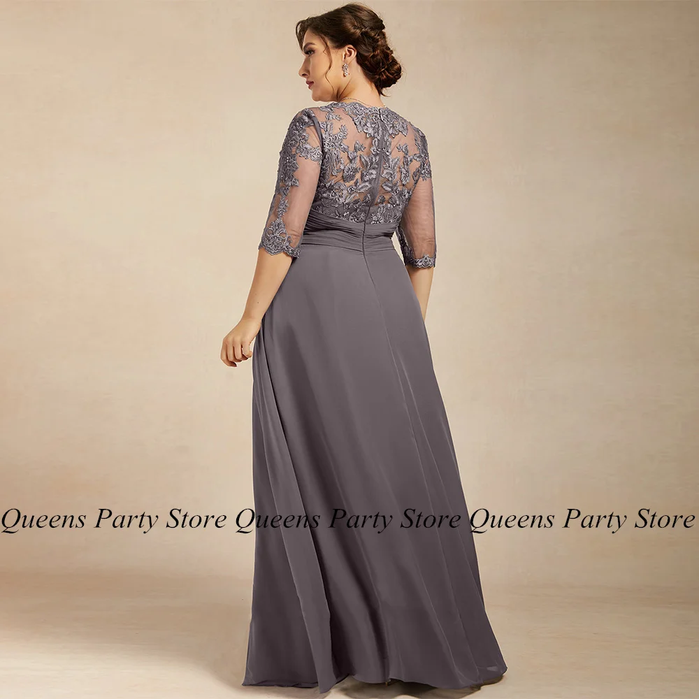 Chiffon Mother of The Bride Dress Half Sleeves Scoop Neck Sequined Applique Pleat A Line Plus Size Wedding Guest Gown New