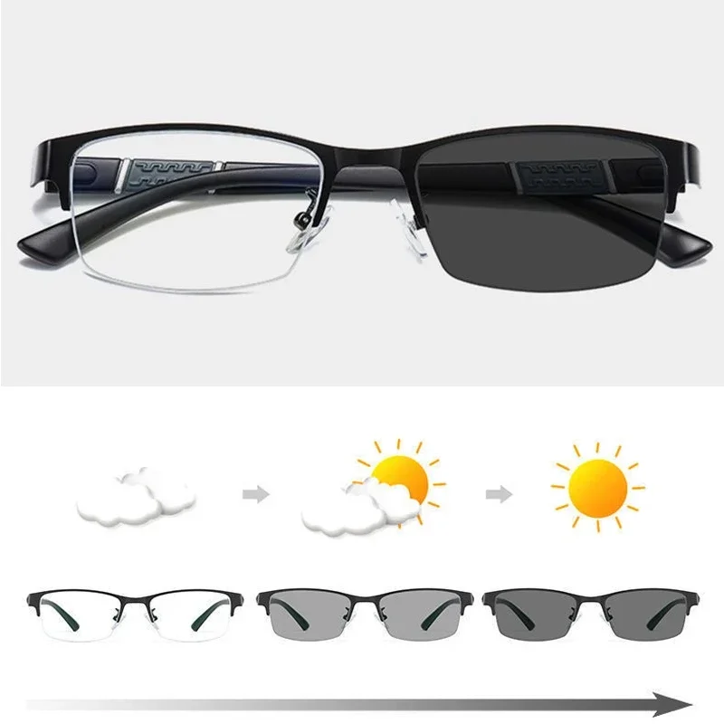 Smart Photochromic Near Sight Sun Glasses for Business Women Men Retro Metal Half Frame Myopia Eyewear Anti-UV Minus Goggles