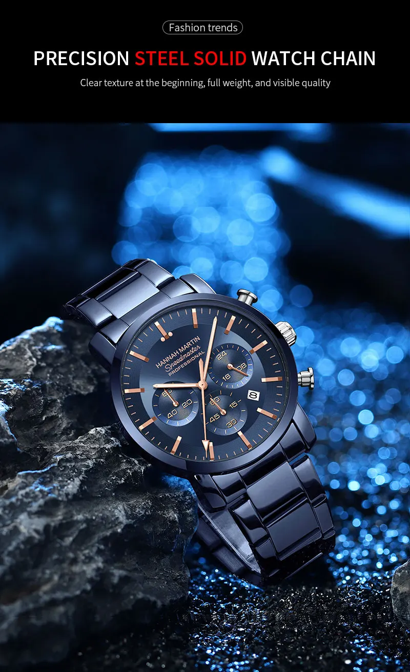 2024 New Multi functional Watch Hannah Martin Brand 46mm Blue Silver Stainless Steel Leisure Quartz Timing Watch Freee Shipping