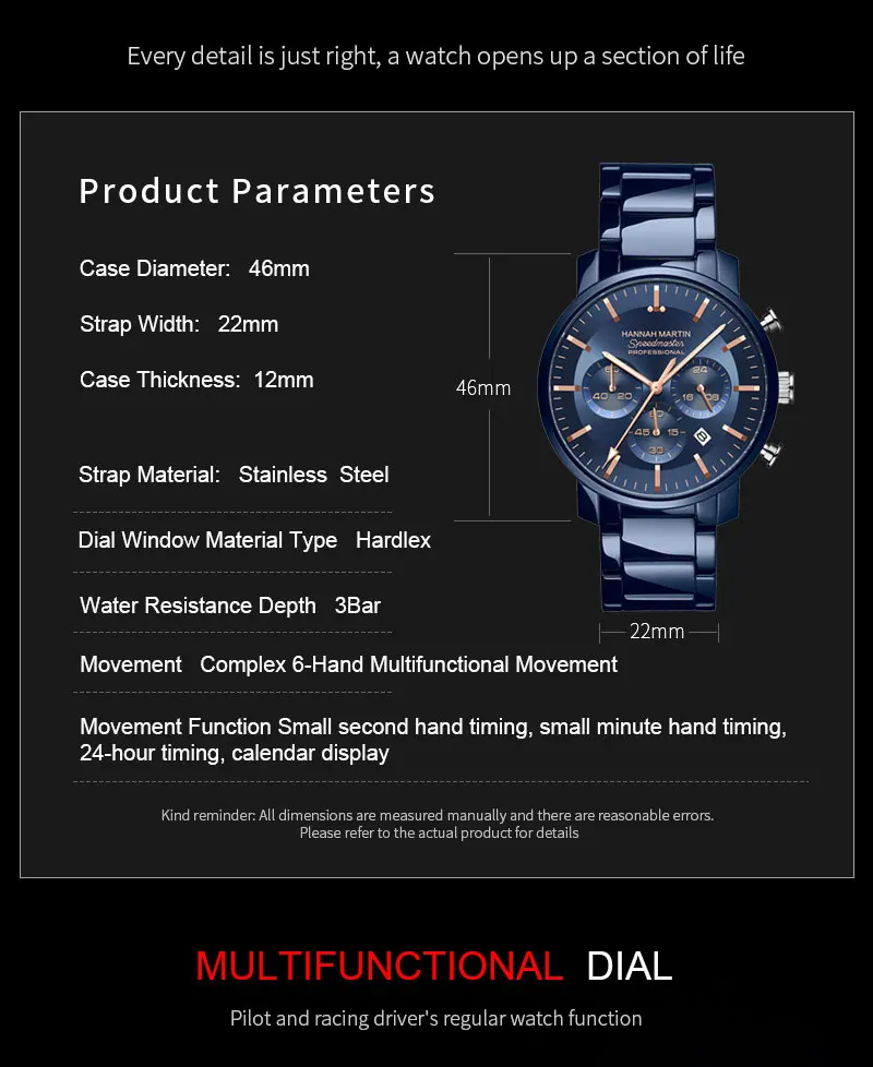 2024 New Multi functional Watch Hannah Martin Brand 46mm Blue Silver Stainless Steel Leisure Quartz Timing Watch Freee Shipping