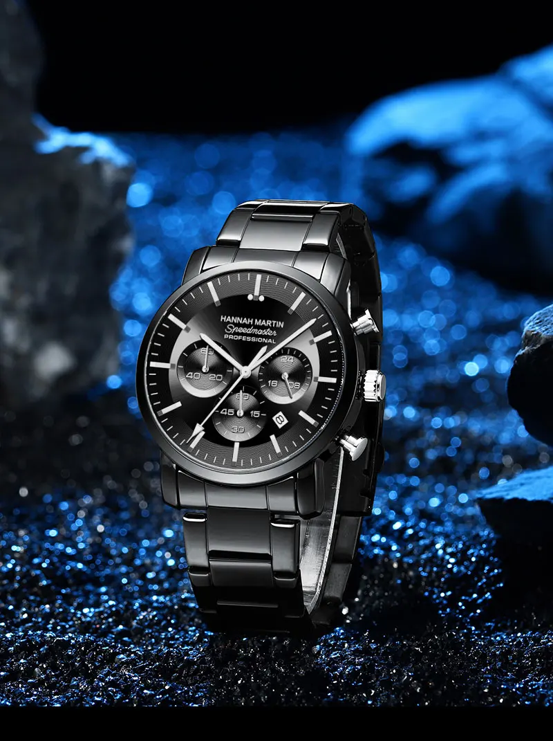 2024 New Multi functional Watch Hannah Martin Brand 46mm Blue Silver Stainless Steel Leisure Quartz Timing Watch Freee Shipping