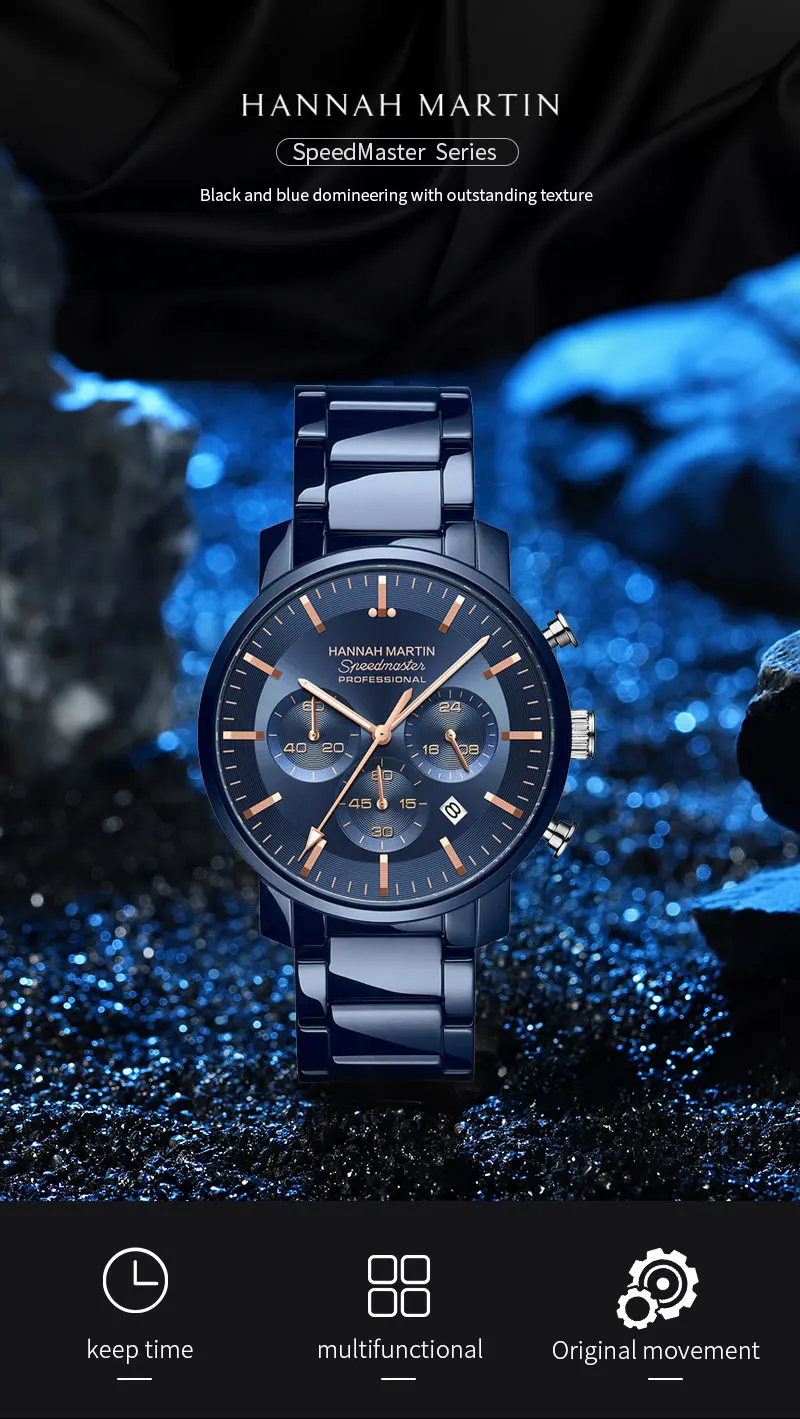 2024 New Multi functional Watch Hannah Martin Brand 46mm Blue Silver Stainless Steel Leisure Quartz Timing Watch Freee Shipping