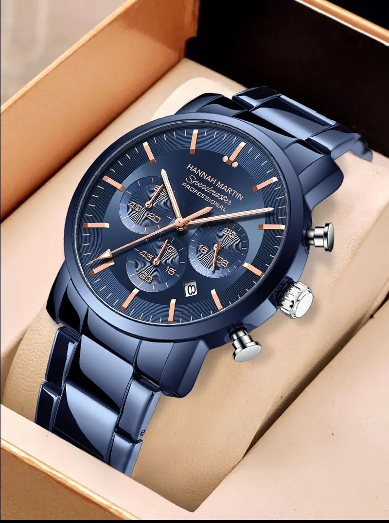 2024 New Multi functional Watch Hannah Martin Brand 46mm Blue Silver Stainless Steel Leisure Quartz Timing Watch Freee Shipping
