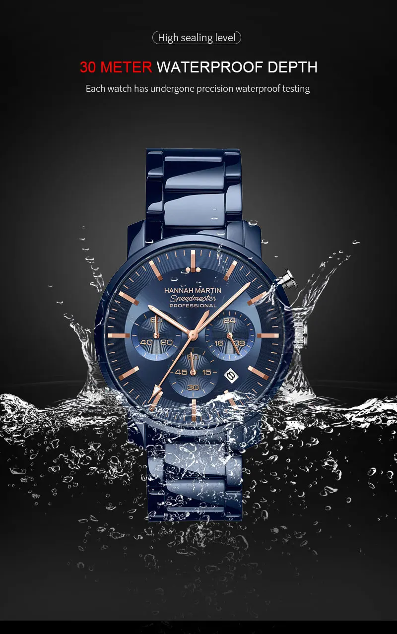 2024 New Multi functional Watch Hannah Martin Brand 46mm Blue Silver Stainless Steel Leisure Quartz Timing Watch Freee Shipping