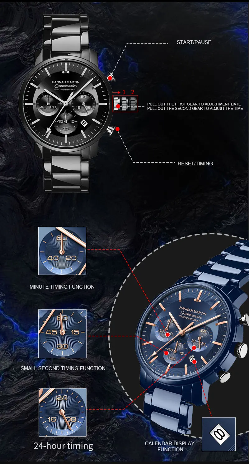 2024 New Multi functional Watch Hannah Martin Brand 46mm Blue Silver Stainless Steel Leisure Quartz Timing Watch Freee Shipping