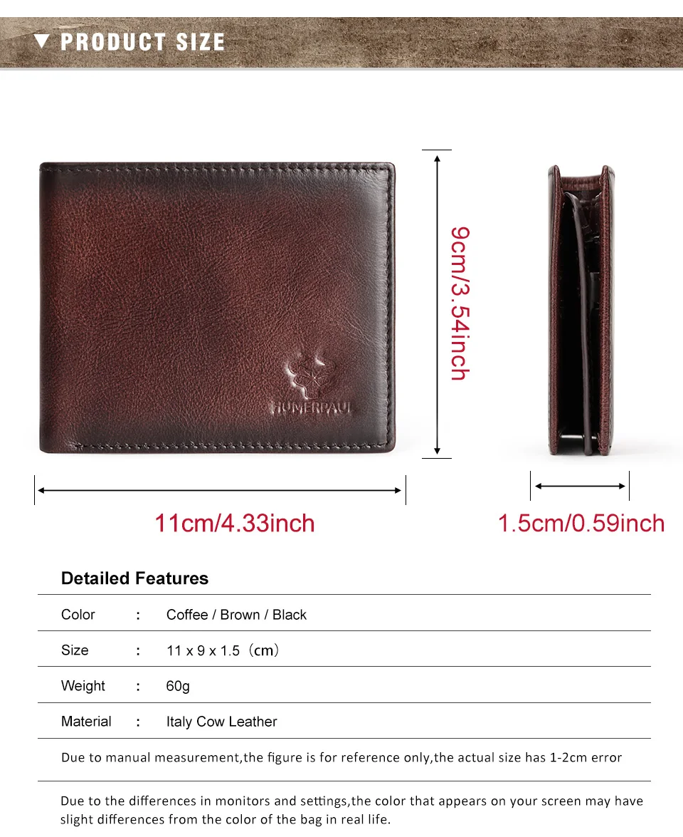 KAVIS Handmade Men's Wallet Genuine Leather RFID Card Holder with ID Window Large Capacity Male Storage Money Bag Fashion