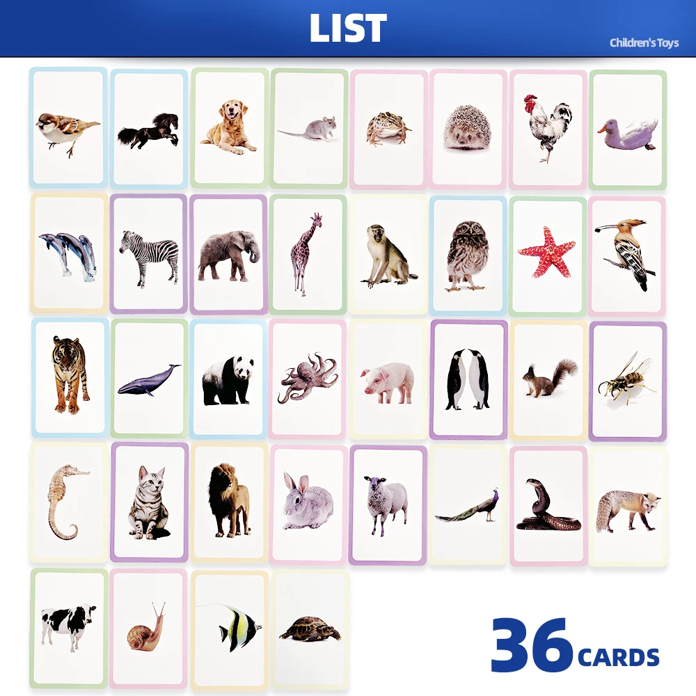36 Double-Sided Animal Recognition Cards for Kidsren's Enlightenment and Learning through Pictures, Paper-Based Fun Teaching Cards