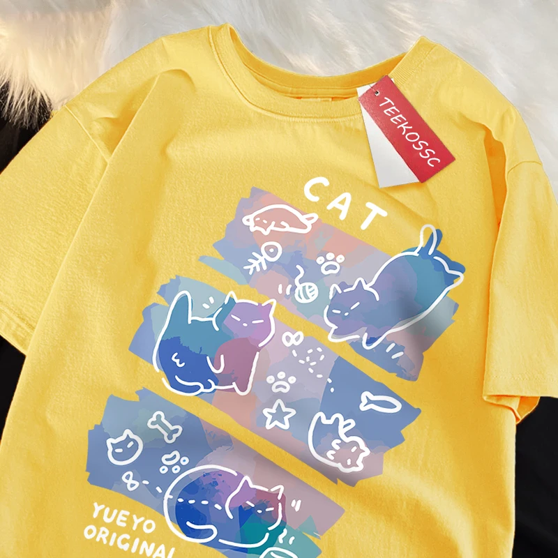 Fun Mischievous Cat Print Japanese Style T-Shirts Men Women Fashion Tshirs Breathable Summer T-Shirts Cotton Loose Tee Clothes